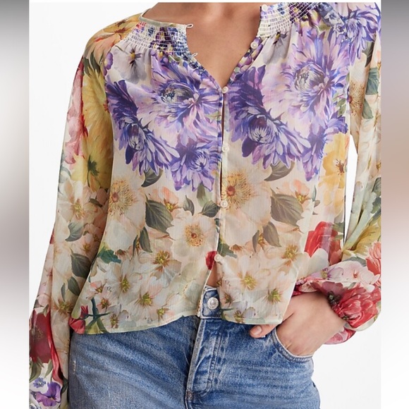 Express Floral Sheer Smocked Balloon Sleeve Button Up Shirt - Picture 1 of 9